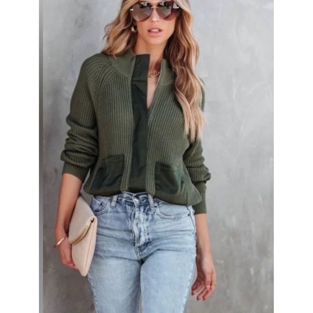 VICI Olive Green Looking Like a Million Zip Up Sweater Cozy Utilitarian S